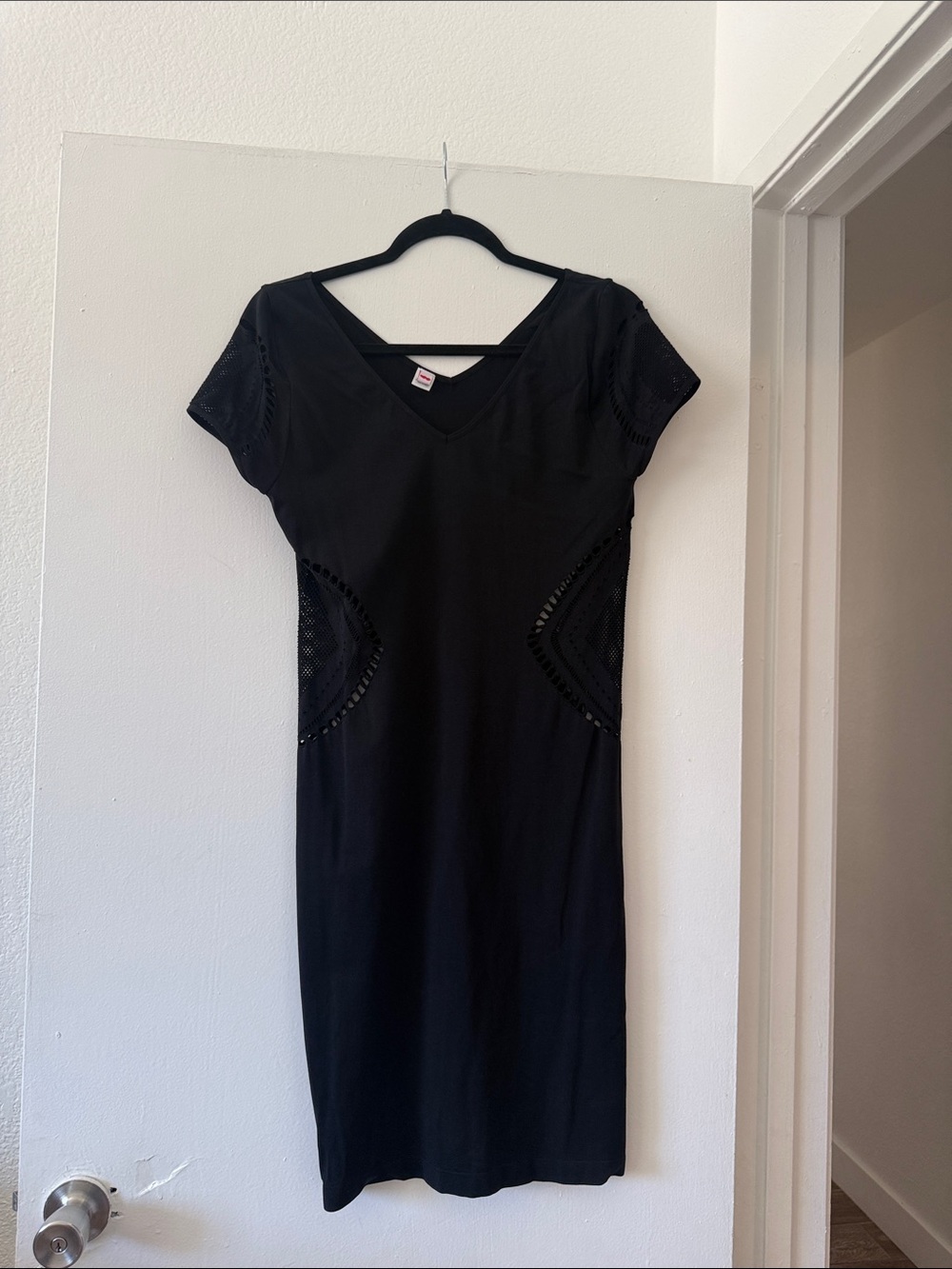 Black V-Neck Short Sleeve Dress with Side Crochet Panels